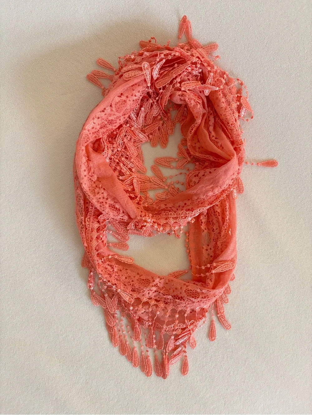Coral Lace Infinity Fringe Scarf Boho Coquette